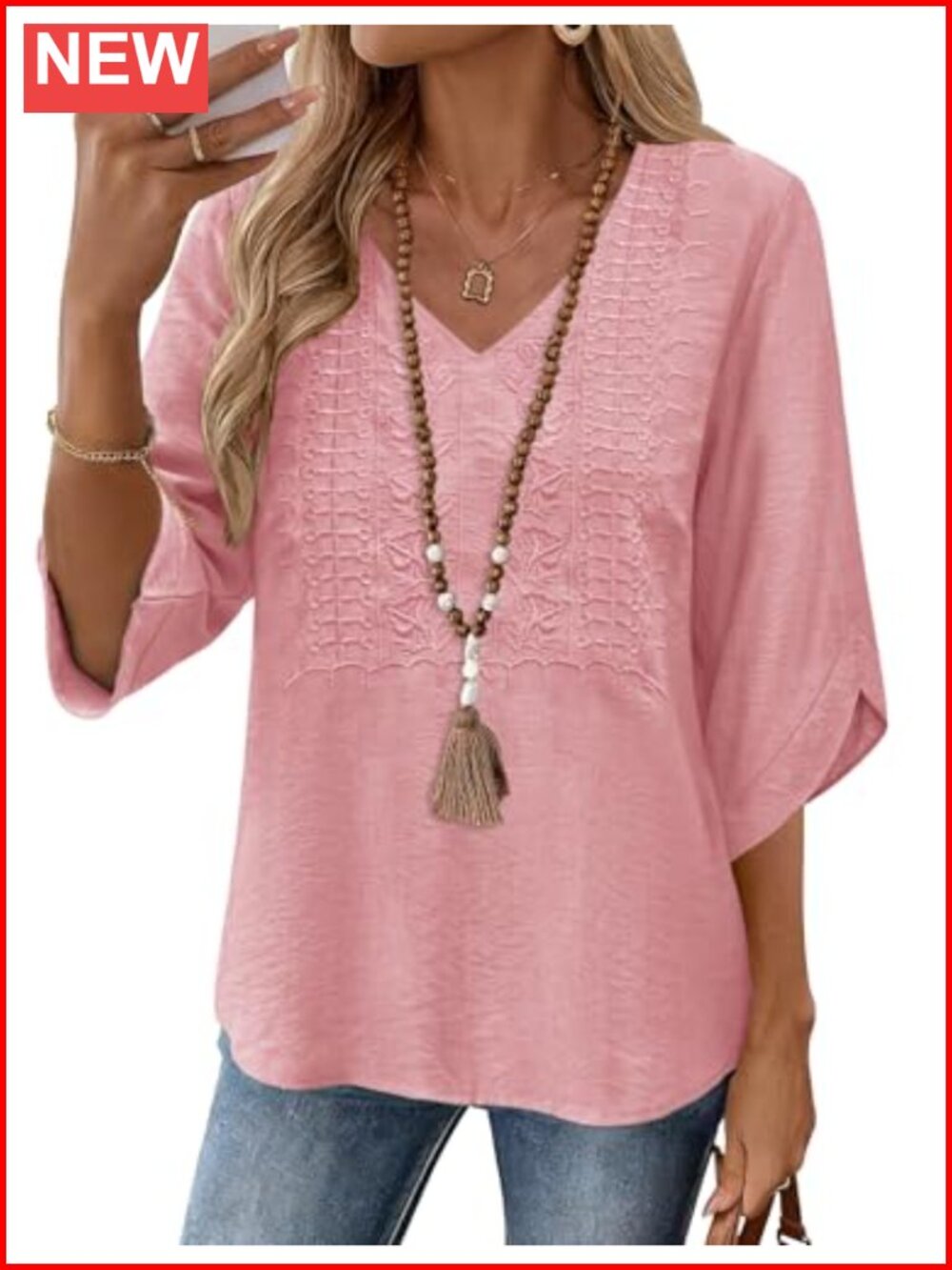 Linen-Feel Embroidered V-Neck Blouse 3/4 Bell Sleeves